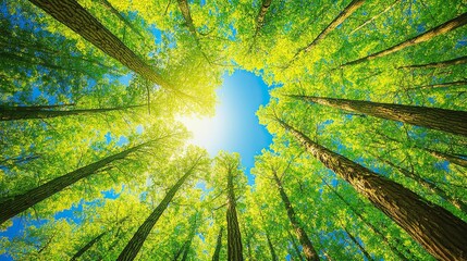 Bottom-up view green forest canopy. Climate change. Natural green biodiversity ecosystem background