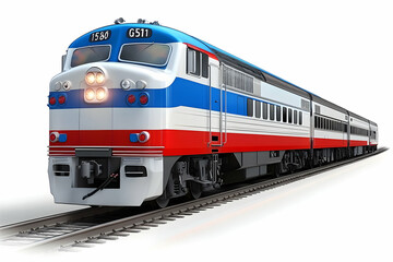 Fototapeta premium Passenger train speeding, track, isolated, white background, travel