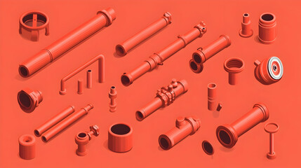 Naklejka premium Isometric view of various red industrial pipes and fittings against a coral background. Useful for engineering, manufacturing, and industrial design websites