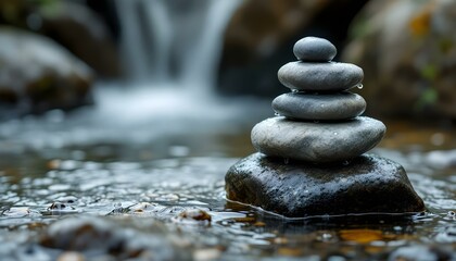 zen, stones, asymmetrical, stack, rugged, textures, rock, water, stream, gentle, wet, droplets, surfaces, ripples, splashes, photorealistic, detail, soft, natural, lighting, harmony, balance, serene, 