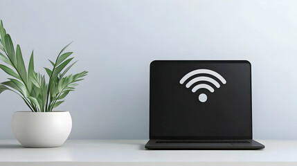 Laptop displaying wifi signal, plant on desk, home office, remote work