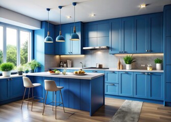 Obraz premium Breathtaking blue kitchen design showcases contemporary countertops and cabinets.