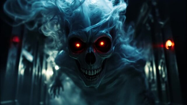 dark ghost skull with smokey body and red eye in the dark