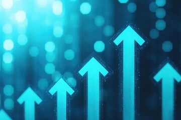 A vibrant digital representation of upward arrows symbolizing growth and progress, set against a blue bokeh background.