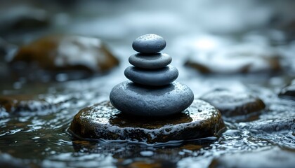 zen, stones, asymmetrical, stack, rugged, textures, rock, water, stream, gentle, wet, droplets, surfaces, ripples, splashes, photorealistic, detail, soft, natural, lighting, harmony, balance, serene, 
