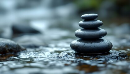 zen, stones, asymmetrical, stack, rugged, textures, rock, water, stream, gentle, wet, droplets, surfaces, ripples, splashes, photorealistic, detail, soft, natural, lighting, harmony, balance, serene, 