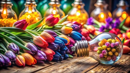 Obraz premium Brighten your spring garden with colorful, blooming bulbs; assorted varieties for a vibrant, joyful display.