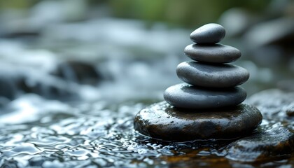 zen, stones, asymmetrical, stack, rugged, textures, rock, water, stream, gentle, wet, droplets, surfaces, ripples, splashes, photorealistic, detail, soft, natural, lighting, harmony, balance, serene, 