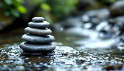 zen, stones, asymmetrical, stack, rugged, textures, rock, water, stream, gentle, wet, droplets, surfaces, ripples, splashes, photorealistic, detail, soft, natural, lighting, harmony, balance, serene, 