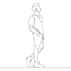 Young man in modern fashionable clothes. One continuous drawing line, logo single hand drawn art doodle isolated minimal illustration.