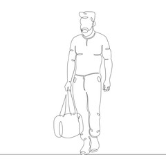 Young male hipster tourist in trendy clothes with a bag of luggage. One continuous drawing line, logo single hand drawn art doodle isolated minimal illustration.