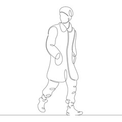 A hipster man in fashionable clothes and a cap hat is walking down the street. One continuous drawing line, logo single hand drawn art doodle isolated minimal illustration.