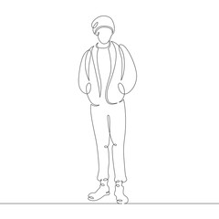 Young male hipster tourist in trendy clothes with a bag of luggage. One continuous drawing line, logo single hand drawn art doodle isolated minimal illustration.