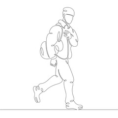 Young male hipster tourist in trendy clothes with a bag of luggage. One continuous drawing line, logo single hand drawn art doodle isolated minimal illustration.