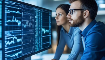 Two young business Professionals analyzing data on a computer screen, showcasing charts and graphs in a modern workspace environment.
