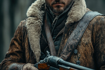 Man in fur coat holding rifle in snowy forest, intense expression.