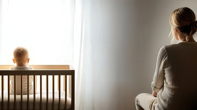 Baby in Crib and Mother Looking Away