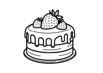 Strawberry Cake Line Art: Delicious-looking layered cake adorned with fresh strawberries, presented in a simple yet elegant line art style, perfect for baking blogs, menus, or recipe books. 