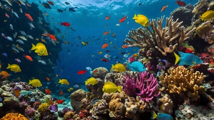 Obraz premium Tequila Splitfin Fish Gliding Through a Festive Coral Reef with Bright Lights and Decorations