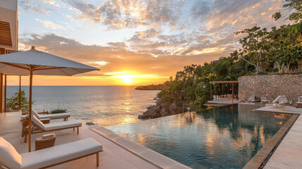 Luxurious villa with infinity pool overlooking ocean sunset, serene atmosphere, perfect for relaxation and vacation. Enjoy stunning view and tranquil environment