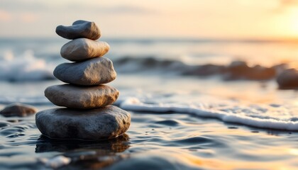 Fototapeta premium zen, stones, tall, stack, irregular, shapes, rugged, textures, smooth, rock, seashore, wet, waves, gentle, washing, reflections, soft, goldenhour, sunlight, warm, hyperrealistic, detail, serene
