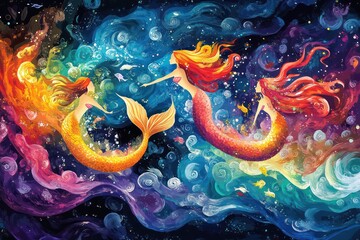Stylized mermaids with vibrant tails, swimming through an ocean of swirling, abstract waves and colorful coral, creating an enchanting underwater scene.