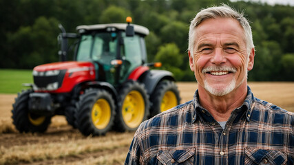 Smiling farmer in front of his tractor in his field during a sunny day