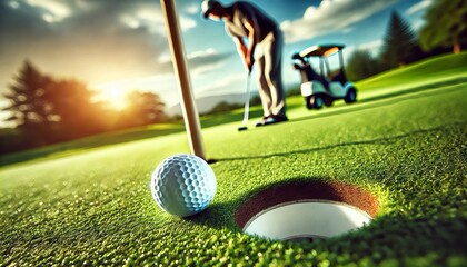 golf ball resting at the edge of a hole on a green golf course, with a golfer preparing to putt in the blurred background