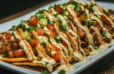 Crispy nachos topped with fresh vegetables, seasoned meat, and creamy sauce for snack-focused visuals