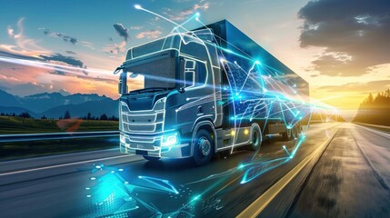 Smart Truck Highway Sunset Data Transport Logistics