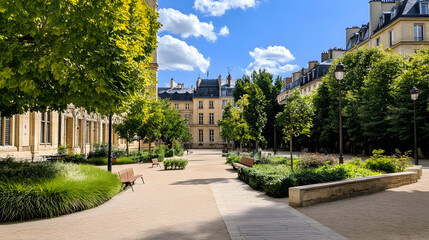 Obraz premium Parisian courtyard garden, sunny day, tranquil scene, travel, tourism
