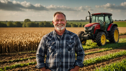 Smiling Farmer Standing Proudly in Field with Tractor on Background at Sunset