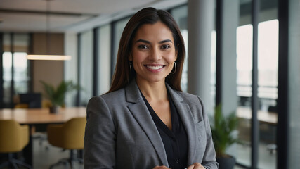 Confident Business Woman Posing in Modern Office with a Warm Smile and Professional Attire