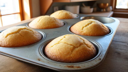 Fototapeta premium freshly baked golden brown muffins sitting in a muffin tin. The muffins have a slightly crisp, domed top and show some slight cracking on the surface.