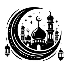 Islamic Mosque Silhouette: A striking silhouette of a mosque with minarets, domes, and crescents, set against a crescent moon and stars.