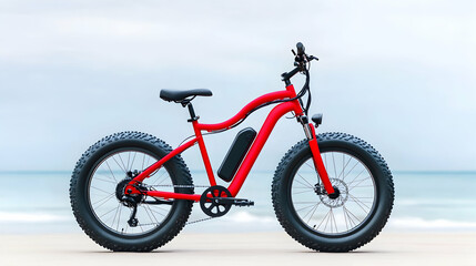 Red electric fat bike on sandy beach, ocean background; eco-friendly transport