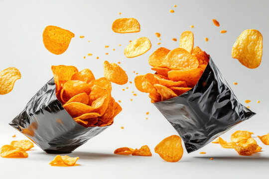 Two black bags of chips, orange chips spilling out.