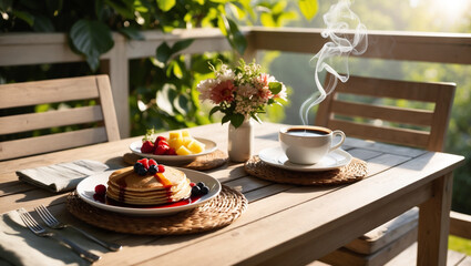 A two seater outdoor dining table set on a sunny morning breakfast.  On the table are plates with pancakes topped with syrup and berries, steaming cups of coffee, and a small bowl of fresh fruit. 