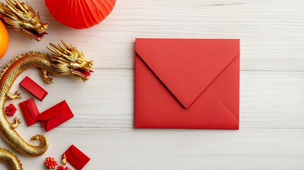 Red Envelope and Decorations for Lunar New Year Celebrations in Flat Lay Arrangement
