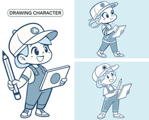 A drawing character is holding a pencil and a tablet