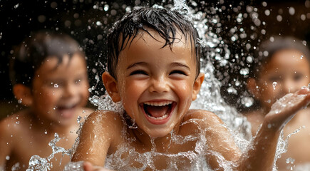 Obraz premium Joyful children playing in water splash.