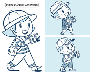 A cartoon photographer character is holding a camera