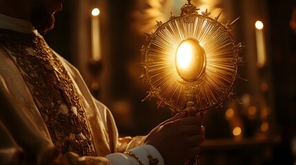 Priest Holding Ornate Monstrance with Sacred Host