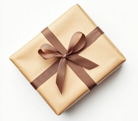 Brown gift box with ribbon bow on white background.