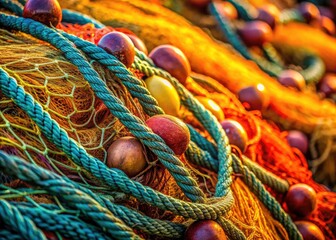 Close-up reveal of a weathered fishing net, a rustic seafood background ideal for food photography.