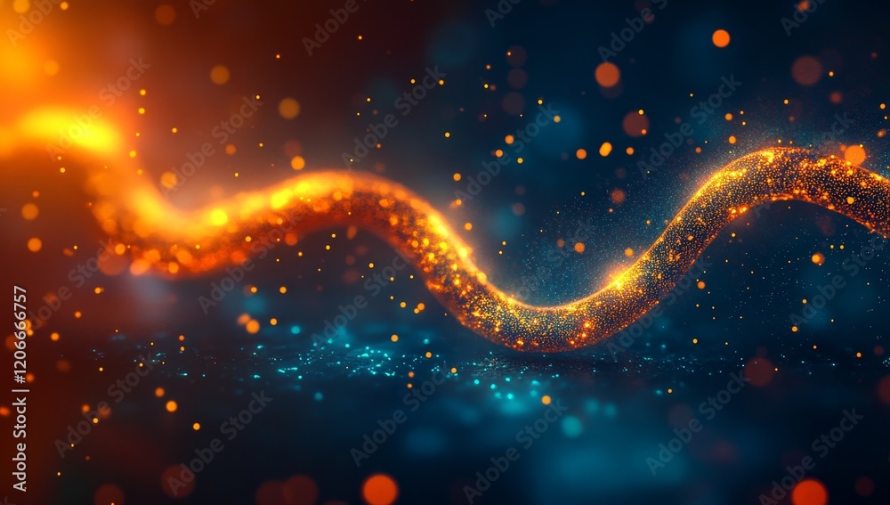 Poster abstract glowing orange particle wave on dark blue background.