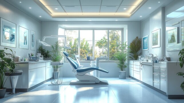 Modern dental clinic interior featuring an ergonomic chair, bright lighting, and lush greenery outside