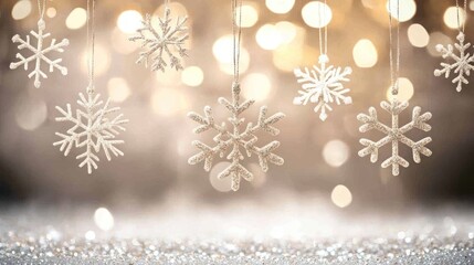 Sparkling snowflakes hang against festive lights
