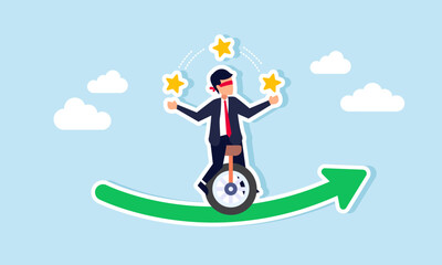 A businessman performing a circus act on a rising green graph by ride a unicycle blindfolded while juggling stars, illustration of risks taken to improve business quality and revenue