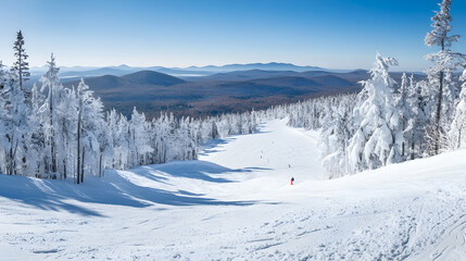 Fototapeta premium Snow-covered ski slope, mountain vista, winter sports, sunny day, scenic landscape